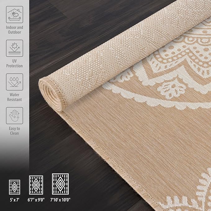 CAMILSON Outdoor Rug 6x9 Modern Area Rugs for Indoor and Outdoor Patios and Porches - Waterproof, Washable, Non-Shedding, Easy-to-Clean Outside Carpet (6 x 9, Medallion - Beige/White)