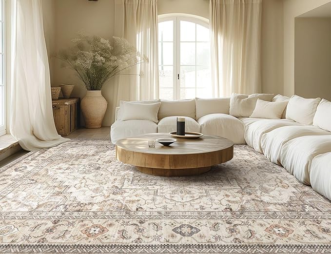 Washable Area Rugs for Living Room - 6x9 Neutral Vintage Distressed Floral Farmhouse Boho Large Soft Floor Rug Indoor Non Slip Carpet for Bedroom Dining Room Office - Brown/Multi