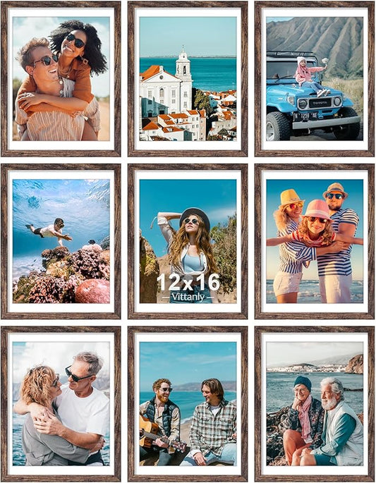Vittanly 12x16 Picture Frames Set of 9, Shatter Resistant Plexiglass, Display 11x14 Pictures with Mat or 12x16 without Mat, Photo Frames for Wall Mount, Engineered Wood, Brown