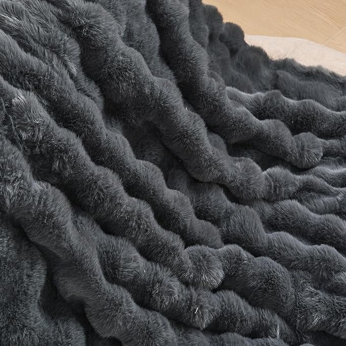 Lotus Karen Faux Fur Throw Blanket Dark Gray - Big Bubble Rabbit Fluff Blanket for Couch, Small Fluffy Fuzzy Cozy Blanket, Thick Furry Plush Shaggy Blankets, 50x60 Inches