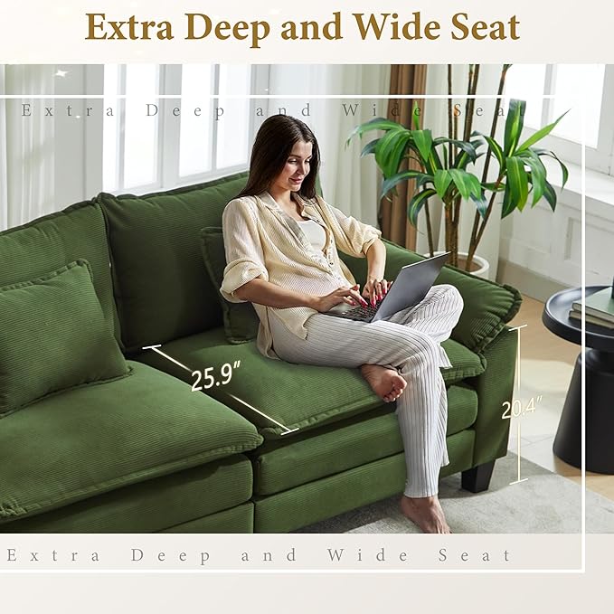 URRED Modular Sectional Sofa Comfy Cloud Couch, Modern Corduroy Sofa Sleeper Deep Seat Couches with Ottoman/Pillows for Living Room (Green, 117'' - U Shape)