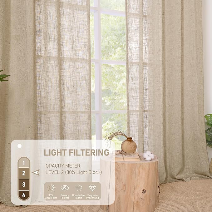 LAMIT Sheer Linen Curtains 63 Inches Long for Bedroom, Faux Linen Textured Light Filtering Drapes Bronze Grommet Semi Sheer Neutral Panels for Farmhouse, 2 Panels, 34 x 63 Inch, Brown