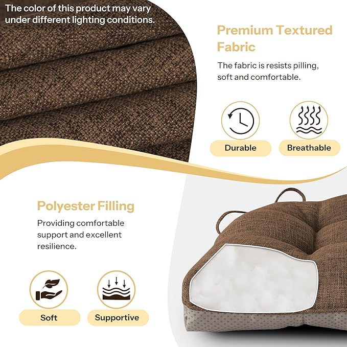 Non Slip Chair Cushions for Dining Chairs Set of 4 Kitchen Chair Cushions 18"x18"x3" Turfted Chair Pads Comfortable and Soft Seat Cushion with Ties, Coffee