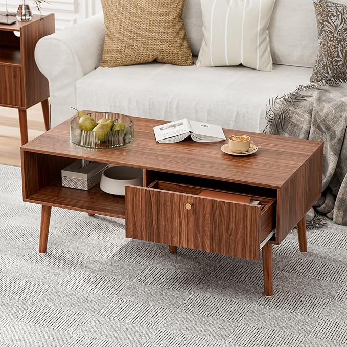 Coffee Table with Storage, Mid Century Dining Table with Fluted Drawer and Solid Wood Legs, Small Coffee Tables for Living Room, Walnut