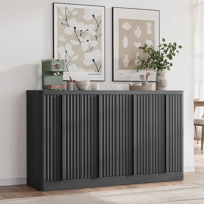 Fluted Buffet Cabinet with Storage, 60" Sideboard Buffet Storage Cabinet with 4 Doors & Adjustable Shelves, Wood Coffee Bar Credenza Accent Cabinet for Kitchen, Dining Room, Living Room, Black(1PCS)