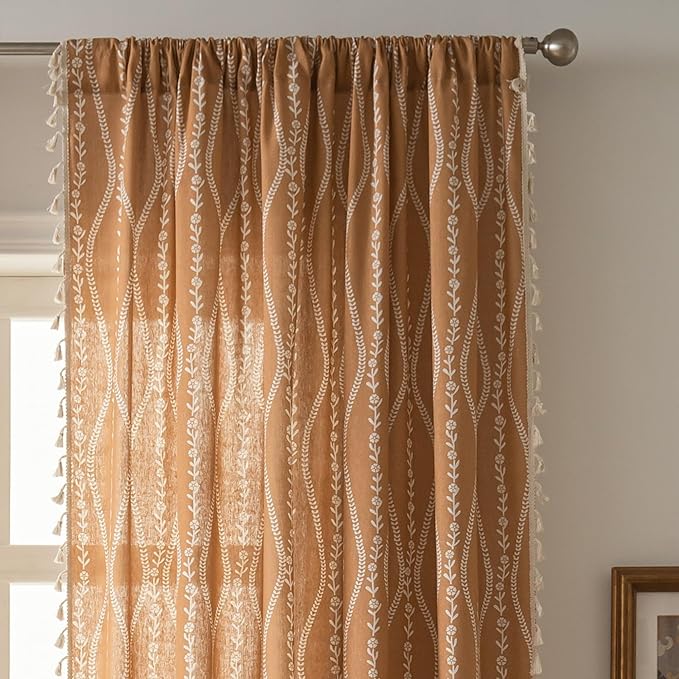 Sutuo Home Boho Curtains 84 Inches Length for Bedroom Living Room, Printed Cotton Linen Rod Pocket Rustic Farmhouse Bohemian Tassels Window Treatment, 1 Panel 59" W x 84" L, Terracotta Stripe Florals