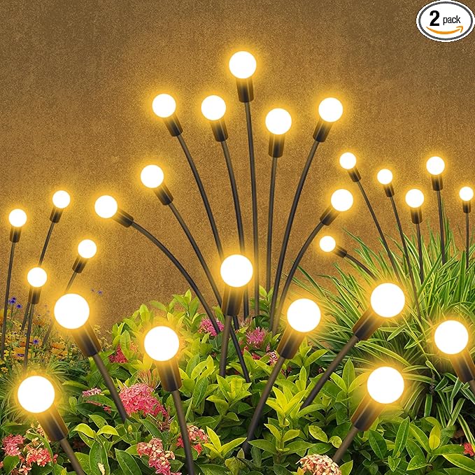 Solar Garden Lights Outdoor Waterproof, 2 Pack 16 LED Swaying Light Firefly Light Outdoor Decor Lights for Garden Gifts for Pathway Party Christmas Decoration, Warm White