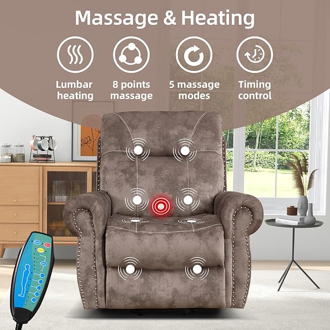 EBELLO Reclining Couch Sofa Furniture Set for Living Room,Vintage Rivet Mid-Century Design, Included 1 Seat Power Massage Recliner Chair, a Manual Loveseat, and a 3 Seater Manual Sofa, Brown