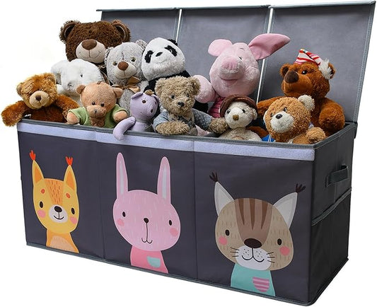 Extra Large Toy Storage Organizer with Lid - Sturdy, Collapsible Toy Chest Storage Box with Cute Design - Toys Bin with Dividers for Kids, Boys, Girls, Nursery, Bedroom, Play room 37"x16"x14"