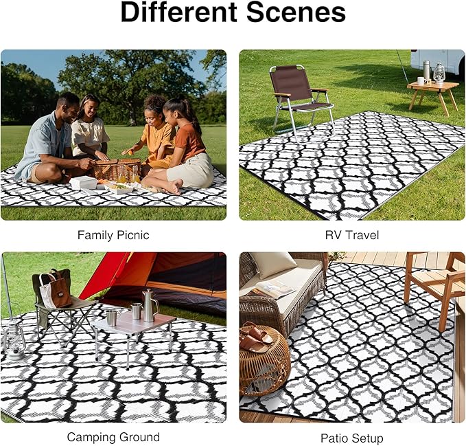 OLANLY Reversible Outdoor Rug 8x10 ft Clearance, Waterproof Outdoor Plastic Straw Rug with Interlacing Pattern, RV Mat for Patio, Camping, Balcony, Deck, Backyard, Black & White