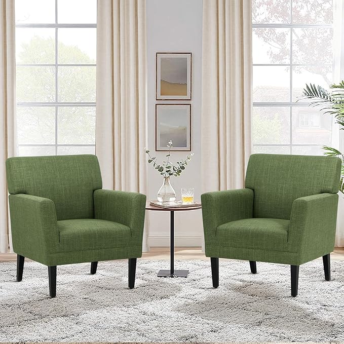 COLAMY Accent Chair Set of 2 for Living Room, Modern Upholstered Fabric Accent Armchair with Back, Soft Single Sofa Chair with Arms for Bedroom/Office/Reception Room, Green