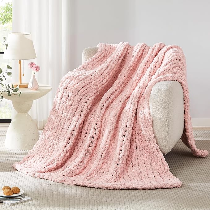 L'AGRATY Chunky Knit Blanket Throw - Soft Chenille Yarn Throw Blanket 40x50： Handmade Thick Cable Knit Crochet Blanke - Large Knit Blanket Chunky Rope Knot Throw Blanket for Couch Sofa Bed Home Decor