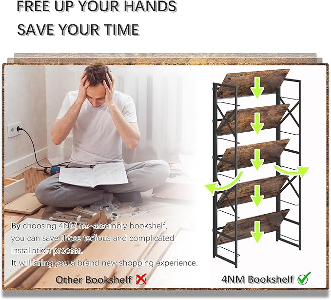 4NM 5 Tiers No Assembly Book Shelves, 51.2" H Folding Bookshelf Bookcase Open Industrial Foldable Shelves for Bedroom, Living Room, Home Office - Rustic Brown Black