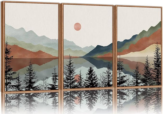 Tinonedraw Boho Mountain Framed Canvas Wall Art Set, Watercolor Nature Landscape Wall Decor, Black Pine Trees Forest Artwork, Neutral Modern Sunrise Art Prints for Living Room Bedroom Office 24"x36"x3