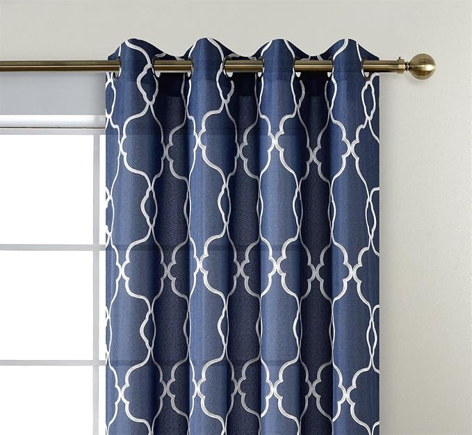 MIUCO Moroccan Embroidery Semi Sheer Curtains Faux Linen Grommet Window Curtains for Living Room 52 x 63 Inch 2 Panels, Navy Blue