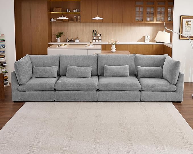 Oversized Modular Sofa, Extra Deep Cloud Chenille Sectional Couch with Ottoman Chaise, Fluffy Chenille 4 Seater Sofa for Living Room, Villa (Basic 4 Seater, Chenille Grey)