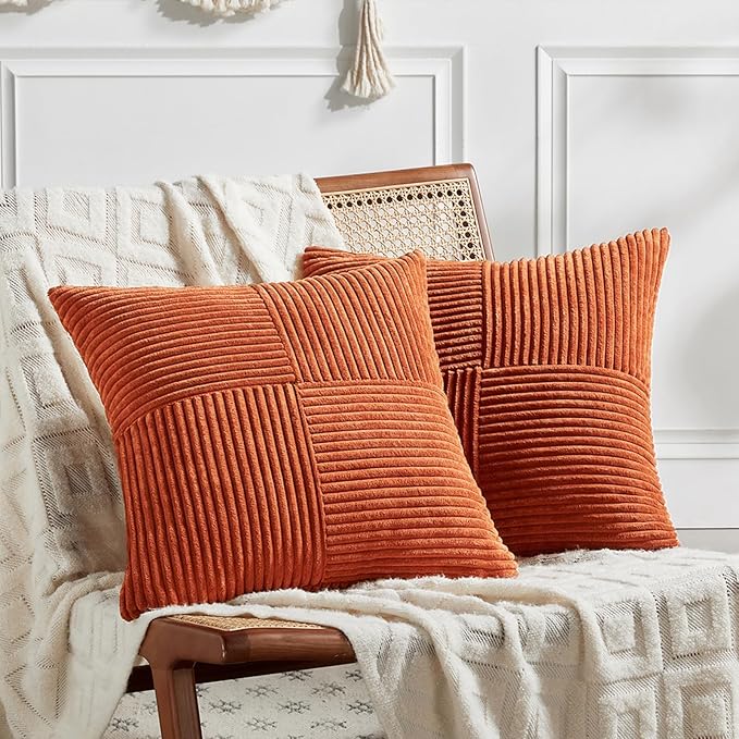 Fancy Homi Set of 2 Burnt Orange Decorative Throw Pillow Covers 28x28 Inch for Living Room Couch Bed, Boho Farmhouse Fall Home Decor, Soft Corss Corduroy Patchwork Textured Cushion Case 71x71 cm