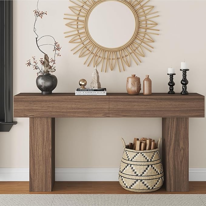 63 Inch Long Console Table for Entryway, Farmhouse Wood Rectangular Sofa Table Behind Couch Table, Narrow Entryway Table for Living Room, Entrance, Hallway, Foyer, Easy Assembly (Brown)