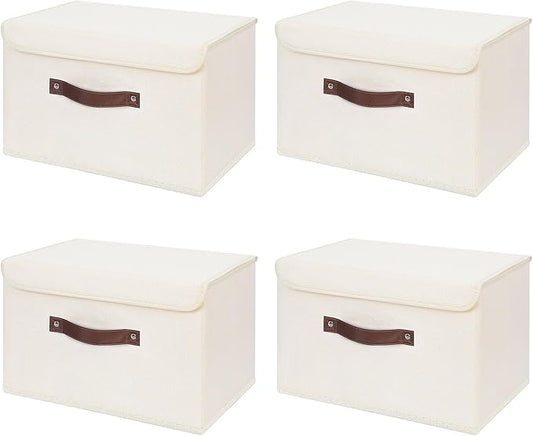 ANMINY 4PCS Storage Bins with Lid PU Leather Handles Storage Boxes PP Plastic Board Decorative Foldable Lidded Cotton Linen Fabric Home Cubes Baskets Closet Organizer Containers - Beige, Large Size