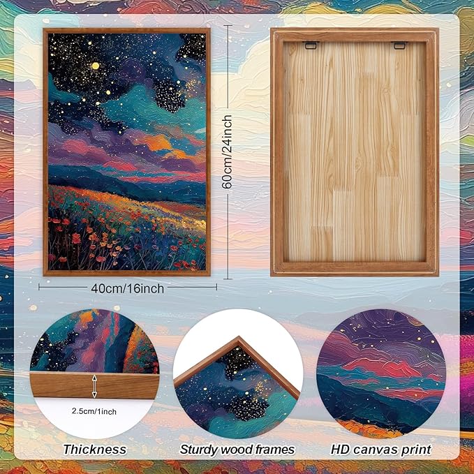 KAIRNE Framed Abstract Midnight Canvas Wall Art,Starry Night Prints Set of 3(16”X24”),Colorful Wildflowers Wall Decor,Nature Night Scene Paintings for Living Room Bedroom office Farmhouse Decoration