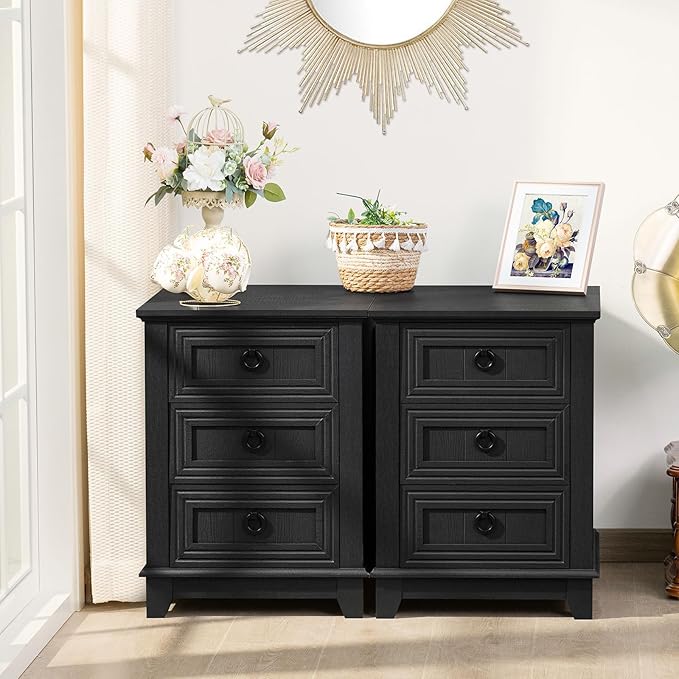 Farmhouse Night Stand Set of 2, 18" End Table with 3 Drawer Metal Handle, Dresser for Bedroom, Sofa Bed Side Table Chest of Drawers,Wood Nightstand Cabinet for Organizer, Living Room-Black