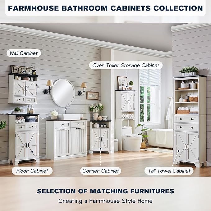 72" Tall Bathroom Storage Cabinet, Farmhouse Storage Cabinet with 2 Drawers, Adjustable Shelves & Barn Door, Cabinet for Bathroom, Living Room, Kitchen, Off White