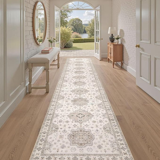Washable 2.6x12 Runner Rug - Area Rugs Neutral Vintage Distressed Floral Farmhouse Boho Large Soft Floor Rug Indoor Carpet for Hallway Entryway Kitchen Home - Beige Brown