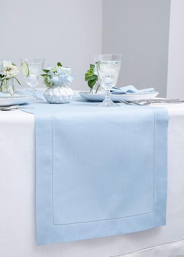Solino Home Linen Sky Blue Table Runner 36 Inches - Classic Hemstitch, 100% Pure Linen Coffee Table Runner 14 x 36 Inch Ideal for Dresser Tables