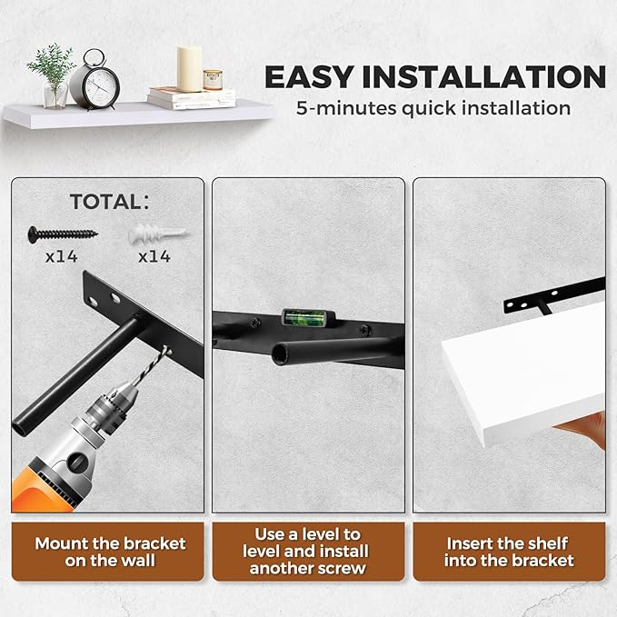 24"x6.8"x1.2" Solid Wood Floating Shelves 2-Pack - Rustic White Finish with Hidden Brackets, Perfect for Storage and Décor in Living Room, Kitchen, Bedroom