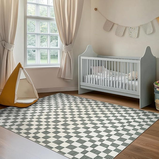 jinchan 6x9 Checkered Area Rugs for Kids Room - Machine Washable Soft Rug Modern Geometric Lattice Non-Slip Carpet for Nursery Playroom Classroom Living Room Bedroom Dining Room Home Office Grey