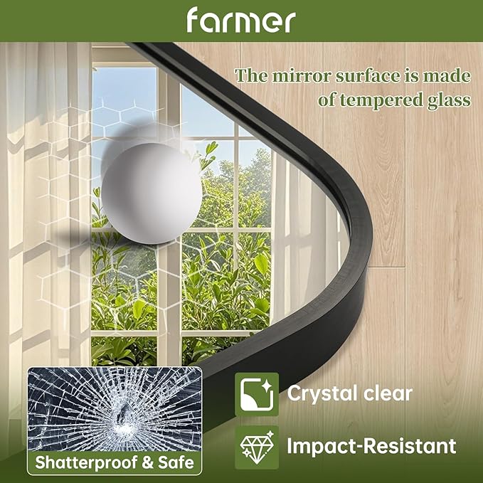 FARMER 24x36 Inch Black Bathroom Mirror, Rectangle Vanity Mirror, Brushed Mirrors for Wall, Metal Frame Hanging Mirror with Round Corner for Bedrooms, Entryways, Living Rooms, Horizontal/Vertical