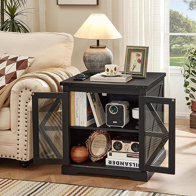 24" End Table Set of 2 with Charging Station, Farmhouse Night Stand with Glass Barn Door, Nightstands with Adjustable Storage Shelf, Large Wood Square Bed Side Table for Living Room,Bedroom