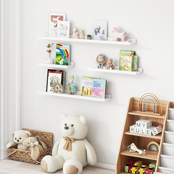 Picture Ledge Shelf for Wall, 16 inches Solid Pine Wood Nursery Book Shelves 3 Packs, Floating Ledge Shelves for Kids' Room Bedroom Bathroom Living Room Photo Frames Office Nursey Wall Decor, White