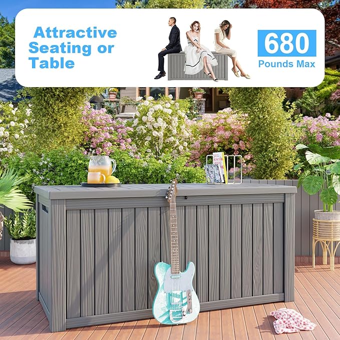 Vixzen 180 Gallon Resin Deck Box, Lockable Outdoor Storage Box for Patio Cushions Storage Furniture,Garden Tools, Pool Supplies, Weatherproof and UV Resistant- Grey