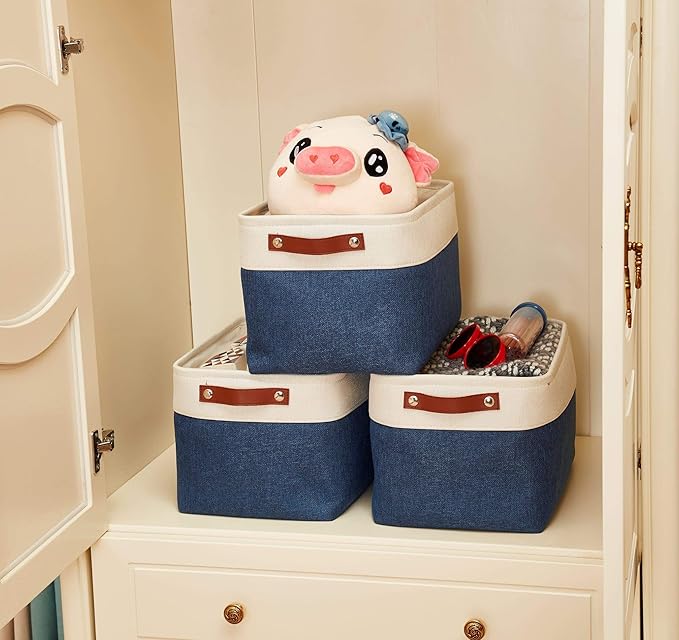 DECOMOMO Storage Baskets for Shelves - Fabric Closet Organizers and Storage Bins, Perfect Baskets for Organizing Closet Toys Nursery (Navy Blue and White, XL - 3 Pack)
