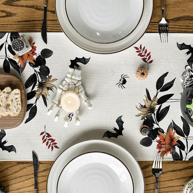 Artoid Mode Pumpkin Ghost Leaves Spider Web 210 GSM Halloween Table Runner, Spooky Kitchen Dining Table Decoration for Home Party Decor 13x72 Inch