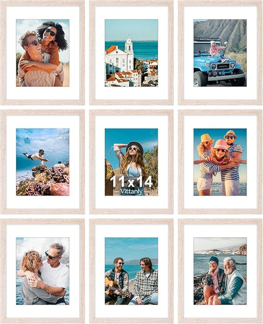 Vittanly 11x14 Picture Frames Set of 9, Shatter Resistant Plexiglass, Display 8x10 Pictures with Mat or 11x14 without Mat, Photo Frames for Wall or Tabletop, Engineered Wood, Rustic Pink