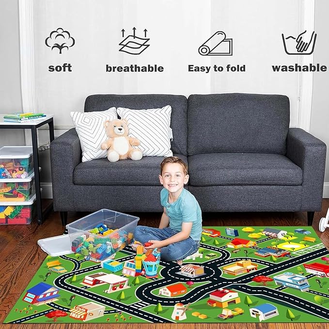 Kids Rug Car Rugs for Kids Toy Cars Play Mat with Rubber Backing City Life Road Rug for Cars Fun City Map for Carpet for Bedroom Boys (RED-Rug, 5.2x7.9ft)