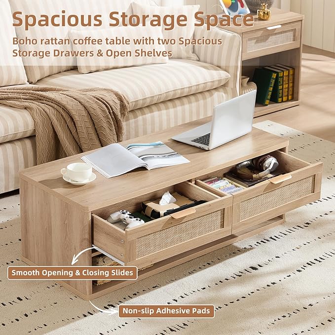 LEYAOYAO Boho Rattan Coffee Table Sets 2 Pieces, Nightstand with Charging Station and Coffee Table with Hidden Storage Compartment, Natural Living Room Table Set, Wood Furniture Sets for Home Office