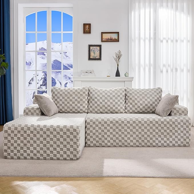 Hobestluk 96“ Modular Sectional Sofa Couches L-Shape Couch 3 Seat Modular Sofa Sectional Couches for Living Room, Cloud Couch with Oversized Chaise (Greygreen, Checked (Left Facing Chaise))