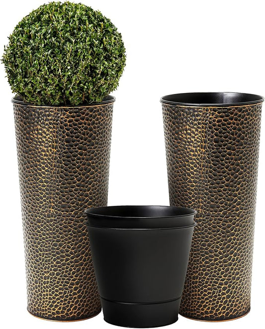 Worth Garden 2-Pack 25" H. Metal Planter with 2X Inside Pots - Hand-Hammered Texture Tall Cone Plant Pots - Large Handcrafted Black Flower Pot for Indoor Outdoor, Deck, Patio, Front Porch (Bronze)