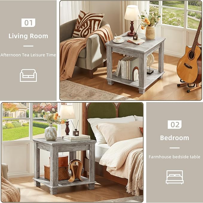 Farmhouse End Table Set of 2,Large Side Table with 2-Tier Storage Shelf,Rustic Wood End Tables for Living Room,Square Tea Table,Gray