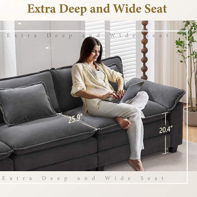 URRED Modular Sectional Sofa Comfy Cloud Couch, Modern Velvet Sofa Sleeper Deep Seat Couches with Ottoman/Pillows for Living Room (Dark Gray, 117''- L Shape)