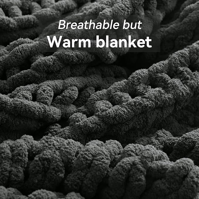 Chunky Knit Throw Blanket, 60''*80'' Knitted Throw Chenille Yarn for Bed Couch, Handmade Dark Grey Crochet Big Thick Blanket, Machine Washable Cute Comfy Blanket for Home Decor
