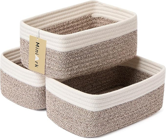 Small Storage Baskets for Organizing | Closet Organizer Bins | Shelf Toy Basket | Woven Rope Baskets | Cube Decorative Box | Shallow Basket | 11.5x7.5x4.7” | 3 Packs White Brown
