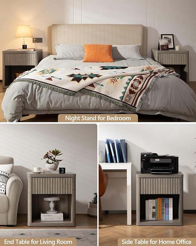 SICOTAS Night Stand Nightstand with Drawer Storage Fluted Bed Side Table End Table Large Modern Wide Bedside Stand Mid Century Night Stands for Bedroom Living Room Sofa Couch Home Office, Grey Alder