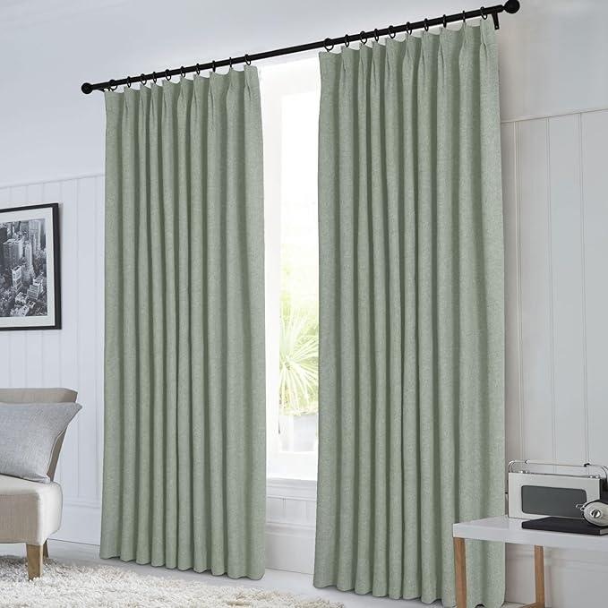Macochico Pinch Pleated Blackout Linen Curtains 96 Inches Long 100% Light Blocking Burlap Curtains for Bedroom Living Room Thermal Window Panels with Tieback 72”Wx96”L Fog Green 1 Panel