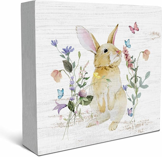 SRADMO Bunny Sign, Cute Bunny's Wood Box Sign Desk Decor, Easter Bunny Gifts for Kids, Easter Theme Wooden Block Box Sign Decoration for Home Office Shelf Table Decor
