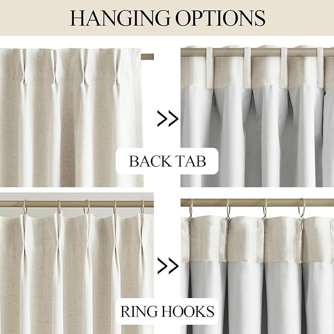 Vision Home Natural Pinch Pleated Full Blackout Curtains Linen Blended Room Darkening Window Curtains 120 inch for Living Room Bedroom Thermal Insulated Pinch Pleat Drapes with Hooks 60" Wx120 Lx1