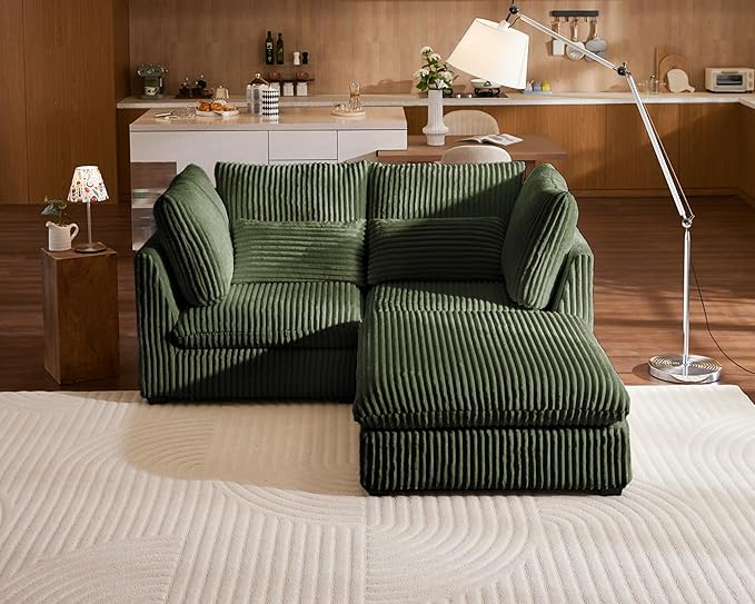 Oversized Modular Sofa, Extra Deep Cloud Corduroy Sectional Couch with Ottoman Chaise, Fluffy Chenille Loveseat L Sofa for Living Room, Villa (Loveseat+Ottoman, Corduroy Green)